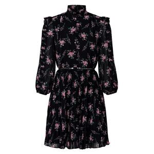 ML Monique Lhuillier NEW Floral Pleated Mini Dress 6 High Neckline 3/4 Sleeves